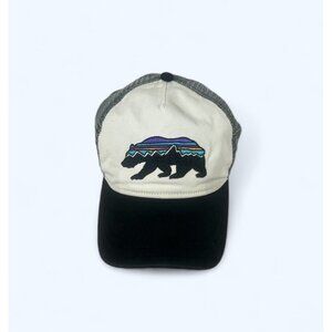 Patagonia Unisex Mesh Trucker Snapback Hat Bear Logo Gray White Blue